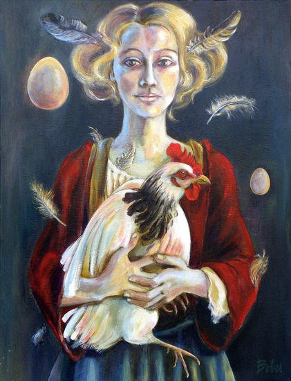 Catalina y los pollos Oil Canvas Portrait