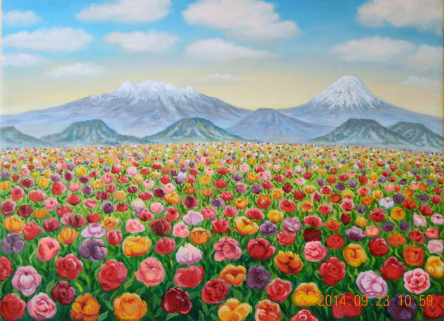 Flores y Volcanes 2 Oil Canvas Floral Painting