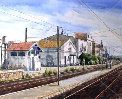 Estación de tren Acuarela Papel Paisaje