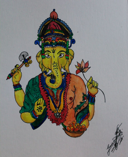 Ganesha Watercolour Paper Figure Painting