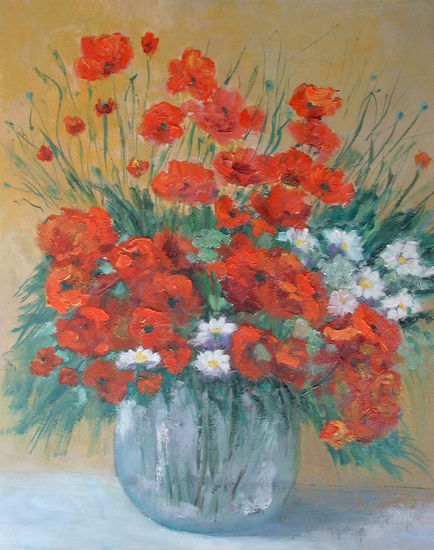 AMAPOLAS EN JARRÓN Oil Textile Floral Painting