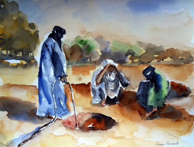 "Tuaregs en un pozo de agua" Watercolour Paper Figure Painting