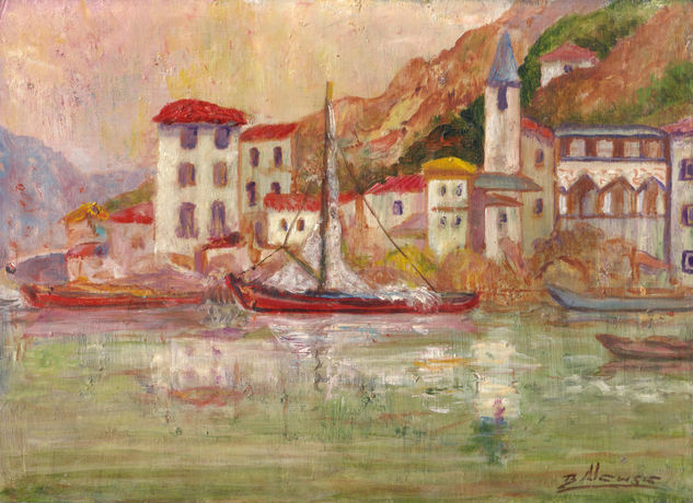 Pueblo en el Lago di Como Óleo Tabla Paisaje