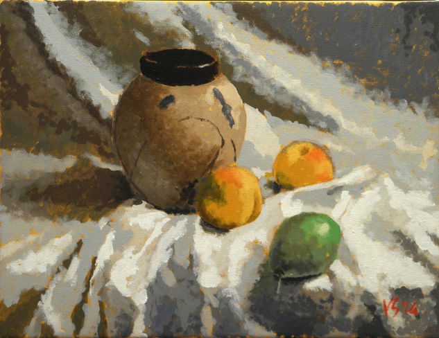 Gerro amb préssecs i pera Oil Canvas Still Life Paintings