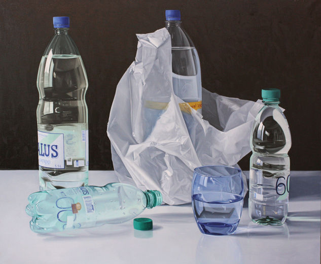 "BOTELLAS Y VASO AZUL" Oil Canvas Still Life Paintings