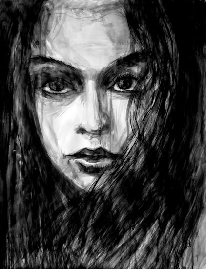 Revelation. Portrait of a Young Woman with Long Hair. Ink Paper Portrait