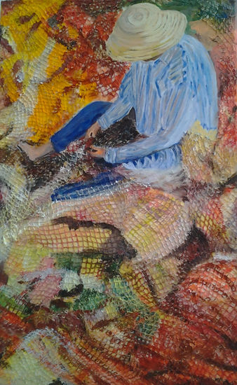 Pescador, cosiendo redes Acrylic Canvas Figure Painting