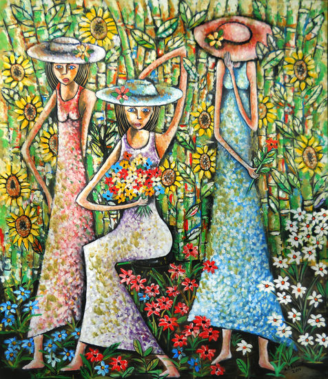 Tres modelos en el jardin Oil Canvas Landscaping