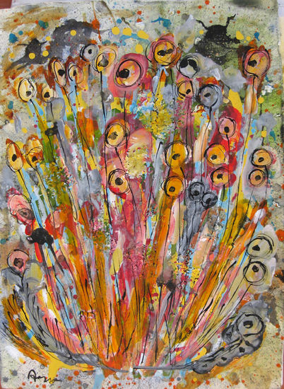 FLORES Mixed media Paper Floral Painting