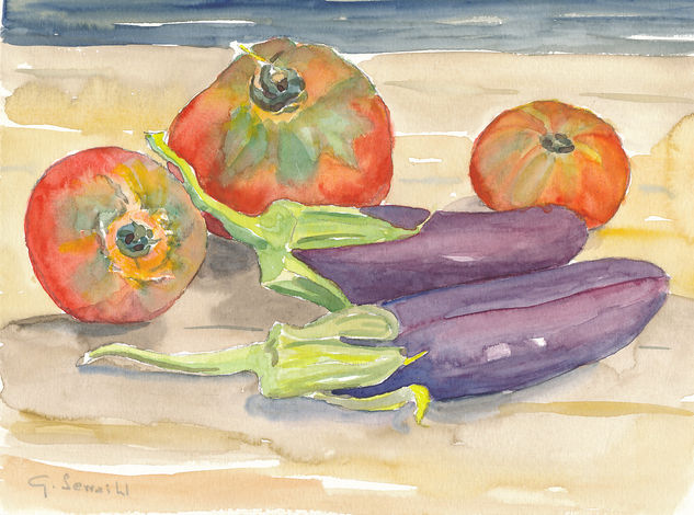 Alberginies Watercolour Canvas Still Life Paintings