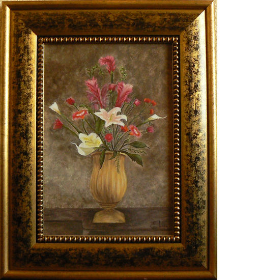 Jarrón dorado con flores (gold vase with flowers) Mixed media Panel Floral Painting