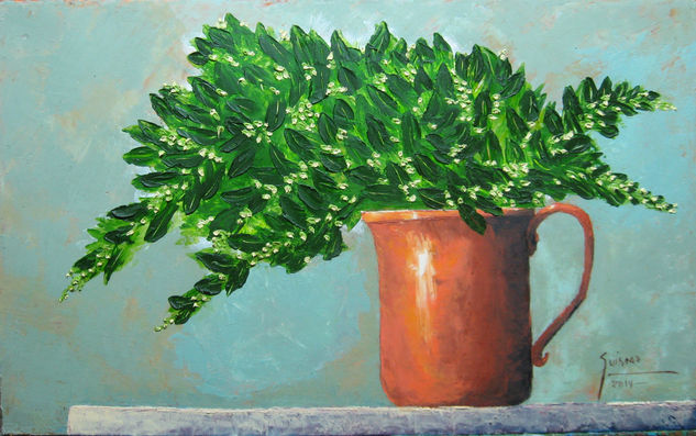 Laurel en jarrón de cobre. Oil Canvas Floral Painting