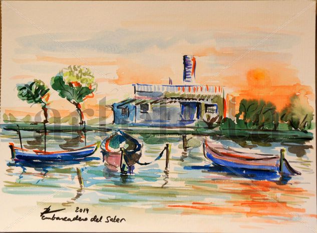 Embarcadero en Albufera Watercolour Paper Marine Painting