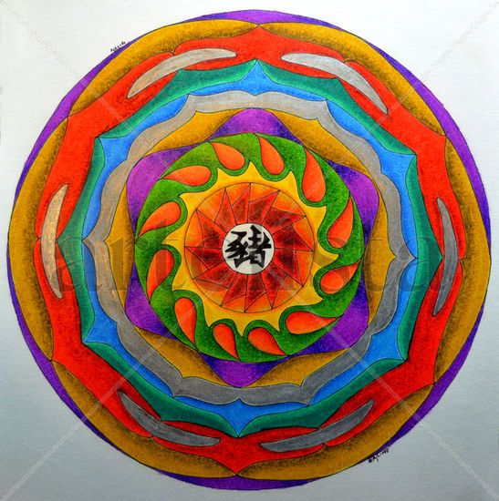 Mandala Zodiacal Chancho de Fuego Técnica Mixta