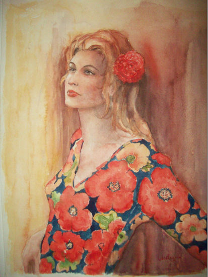 Dama en rojo Watercolour Paper Figure Painting