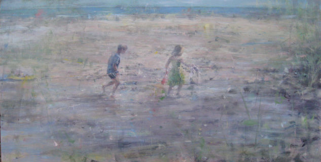 niños en la playa Oil Panel Figure Painting