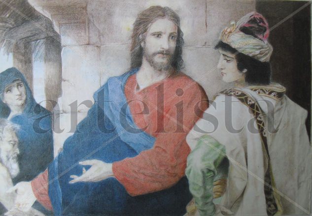 Jesús y el joven rico. Jesus and the rich young Pencil (coloured) Paper Figure Painting