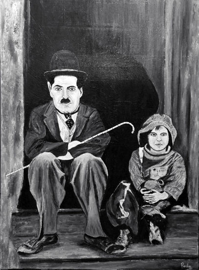 Charles Chaplin y el chico Óleo Lienzo Retrato