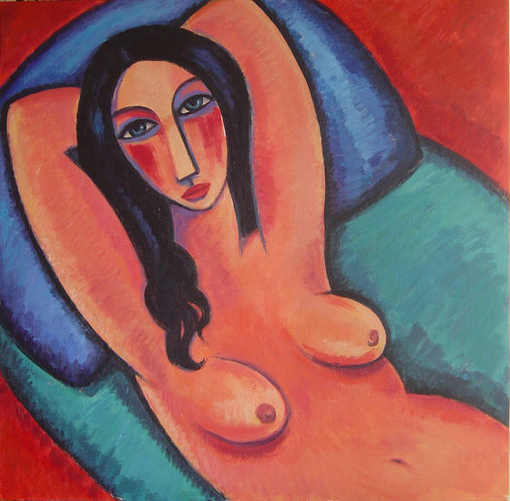 Desnudo con cojín azul Acrylic Panel Nude Paintings