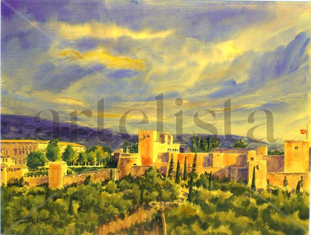 Atardecer en la Alhambra Acuarela Papel Paisaje