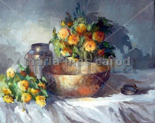 Caléndulas y cobres Oil Textile Still Life Paintings