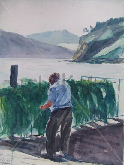 pescador limpiando redes Watercolour Paper Marine Painting