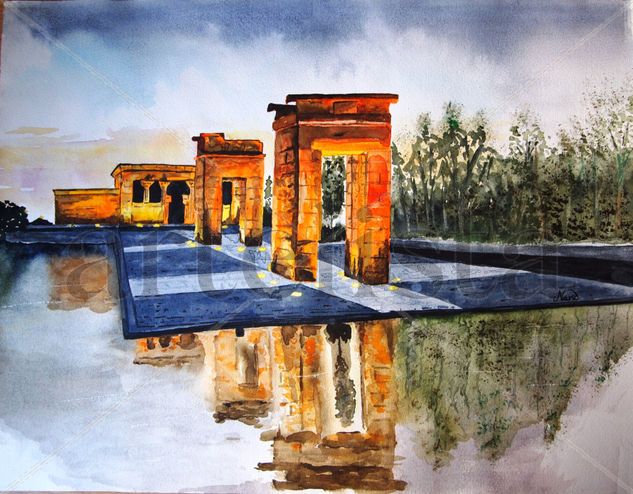 Templo Debod. Madrid Acuarela Papel Paisaje