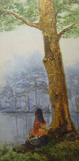 FRENTE AL LAGO Oil Panel Figure Painting