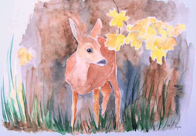 joven corzo en otoño Watercolour Paper Animals