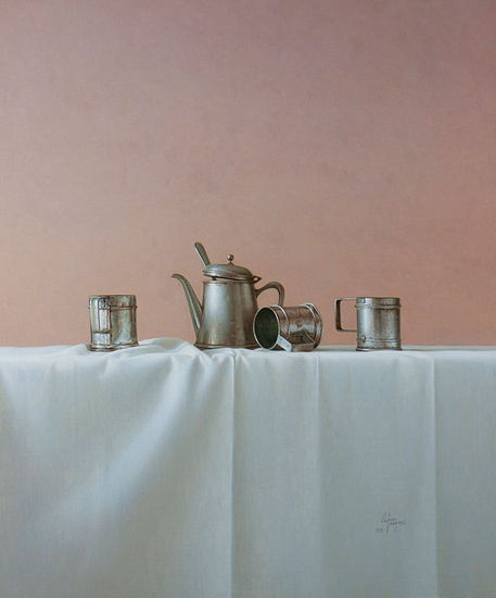 Cafetera y cuartillos Oil Panel Still Life Paintings