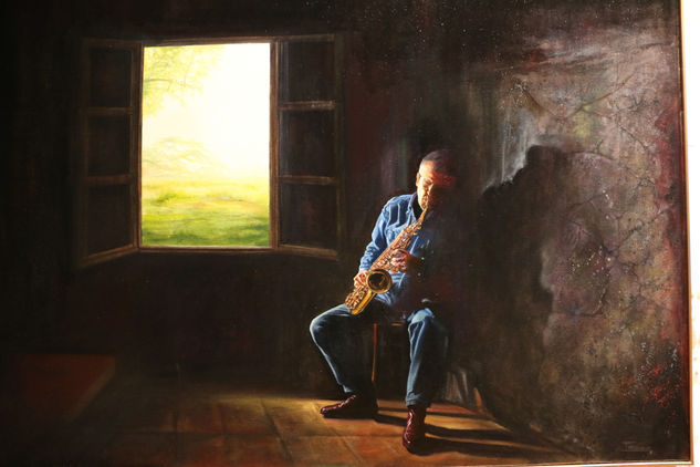 6. TOCANDO EL SAXOFÓN CERCA DE LA VENTANA Oil Canvas Figure Painting