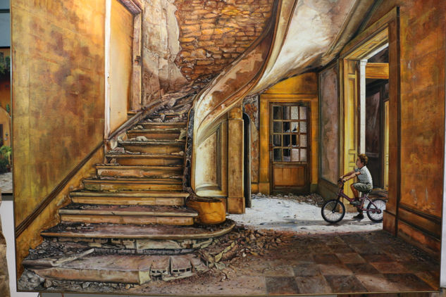 8. ESCALERA Y NIÑO CON BICICLETA Oil Canvas Figure Painting