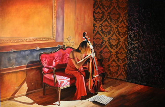 11. MUJER DE ROJO CON VIOLONCHELO Oil Canvas Figure Painting