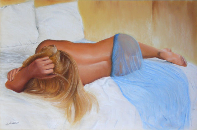 Modelo con tela azul transparente Pastel Paper Nude Paintings