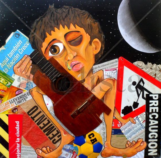 Collage a un futuro guitarrista Mixed media Panel Figure Painting