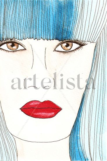 TURQUESA LABIOS ROJOS Watercolour Paper Portrait