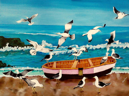 Mar, gaviotas y bote