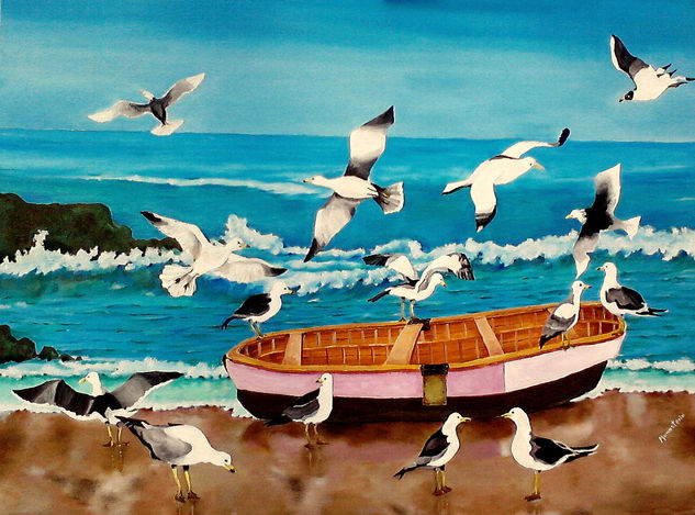 MAR, GAVIOTAS Y BOTE Oil Textile Marine Painting