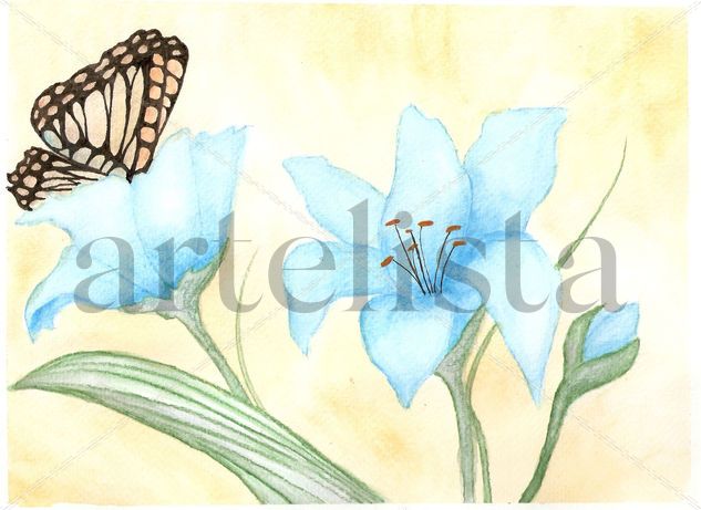 FLORES AZULES CON MARIPOSA Acuarela Papel Floral