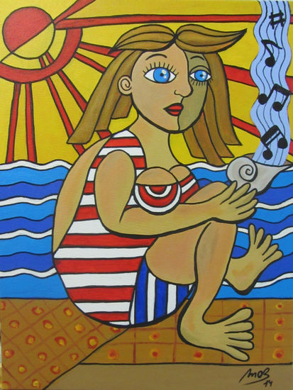 La chica y la música del mar Acrylic Textile Figure Painting