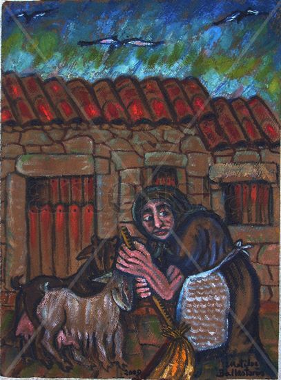 "MUJER BARRIENDO-4" Oil Panel Landscaping