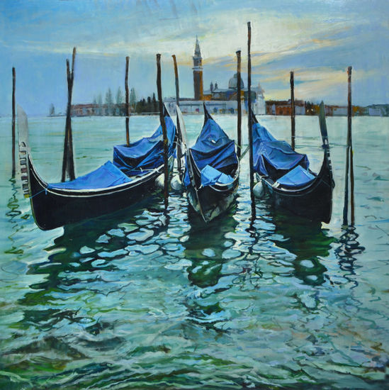 Tres Gondolas Oil Panel Marine Painting