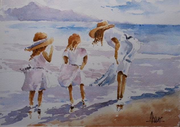 Mujer y niñas en el mar Watercolour Paper Marine Painting