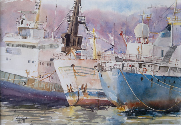 Barcos amarrados Watercolour Paper Marine Painting