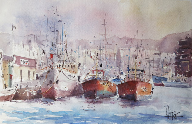 Tres barcos Watercolour Paper Marine Painting