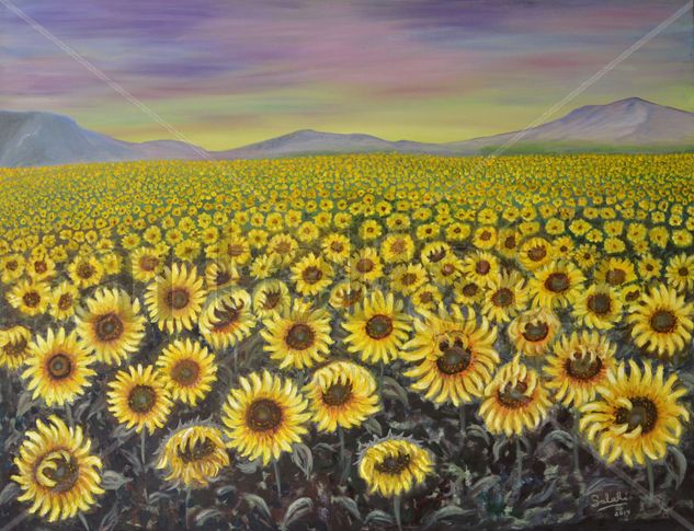 Girasoles al atardecer Óleo Lienzo Paisaje