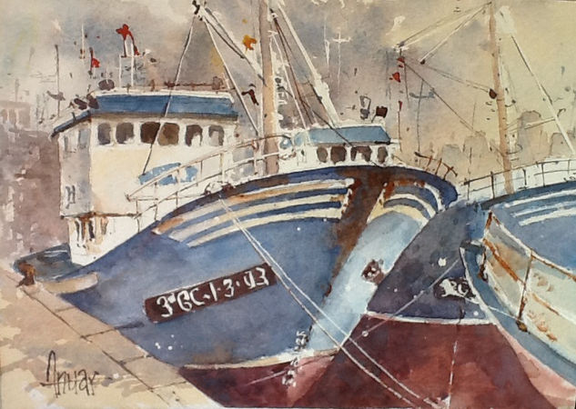 Barco en el muelle GC Watercolour Paper Marine Painting