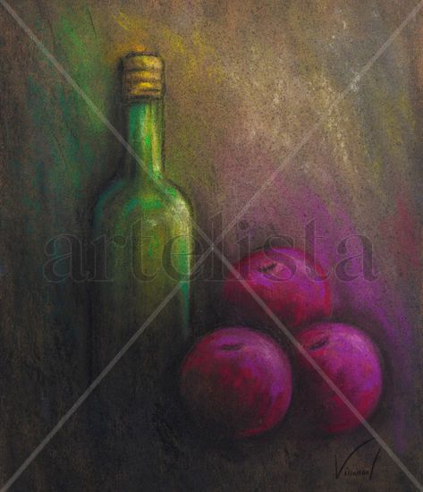 Botella y ciruelas Pastel Paper Still Life Paintings