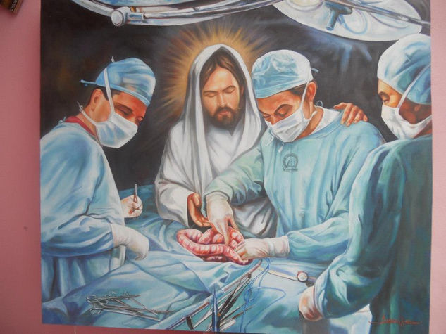 LA MANO DE JESÚS AYUDANDO AL CIRUJANO Oil Canvas Figure Painting