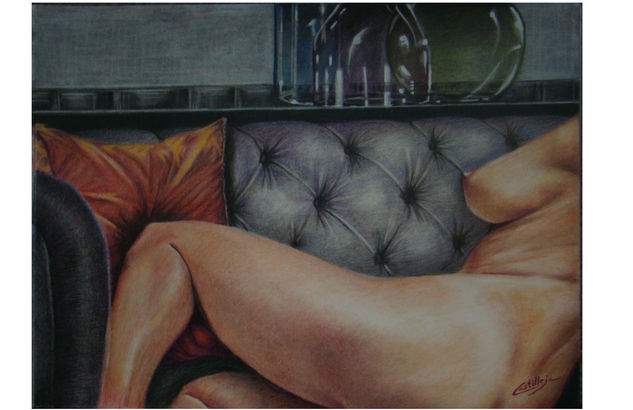 DESNUDO SOBRE SOFA Media Mixta Papel Desnudos